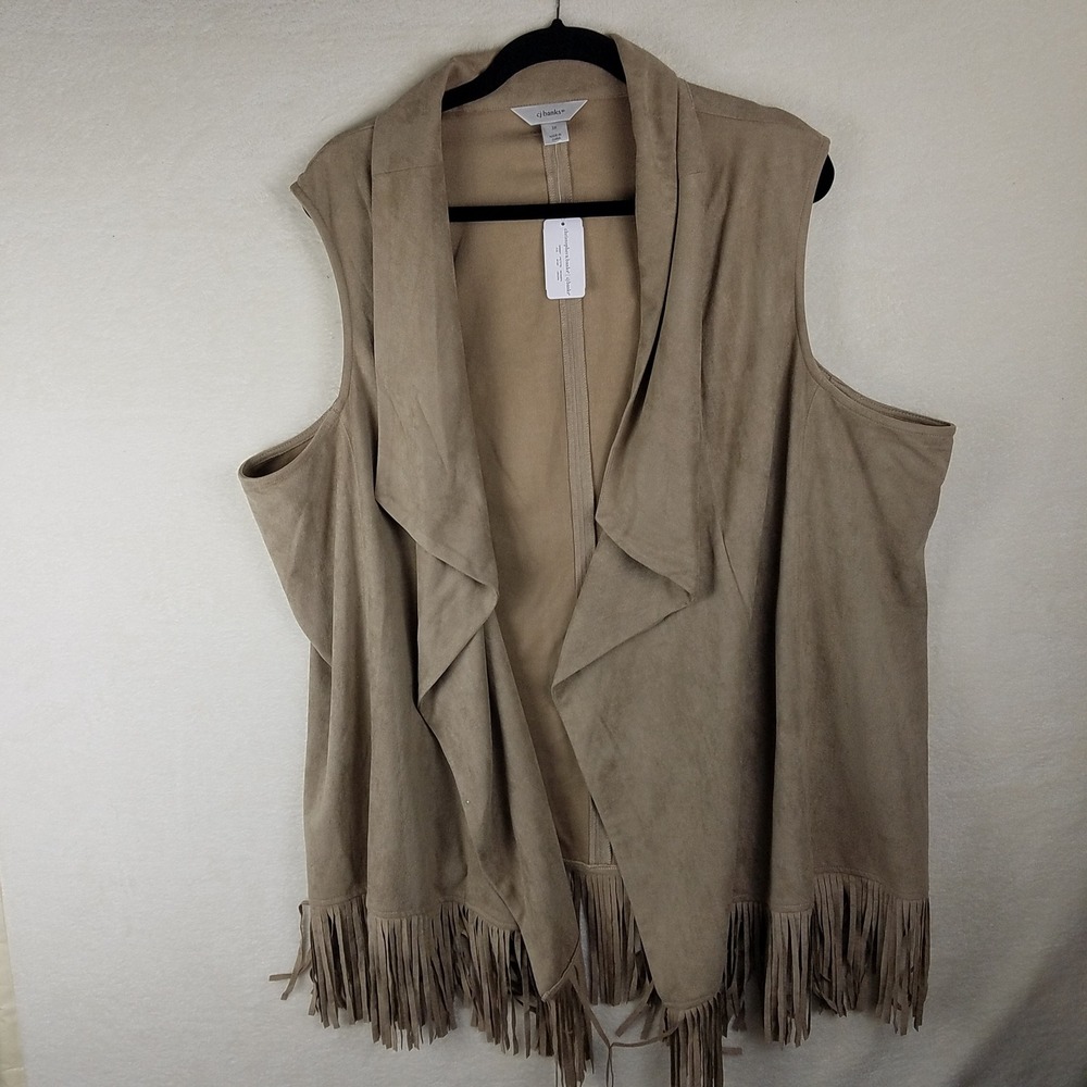 CJ Banks Faux Suede Fringe Vest Womens 3X Tan Nwt Open Front Drape Boho 24/26W